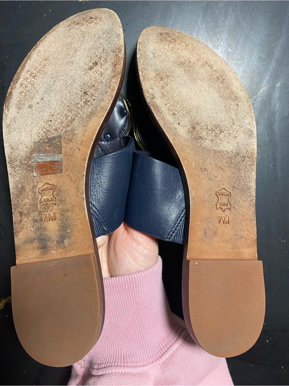 Tory Burch Navy Leather Slide Sandals with Gold Medallion - Picture 3 of 6